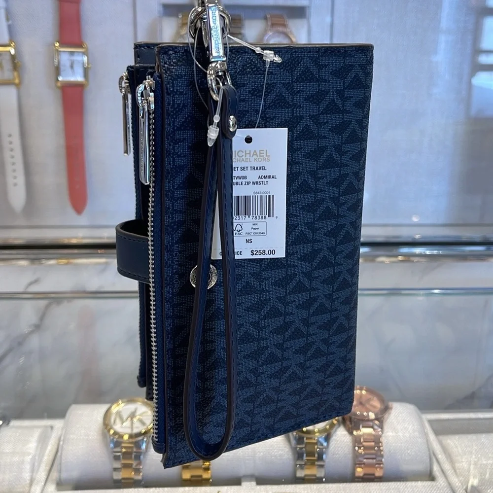 Michael Kors Jet Set Travel Large Double-Zip Wristlet-Wallet-PhoneHolder Admiral - Picture 4 of 16